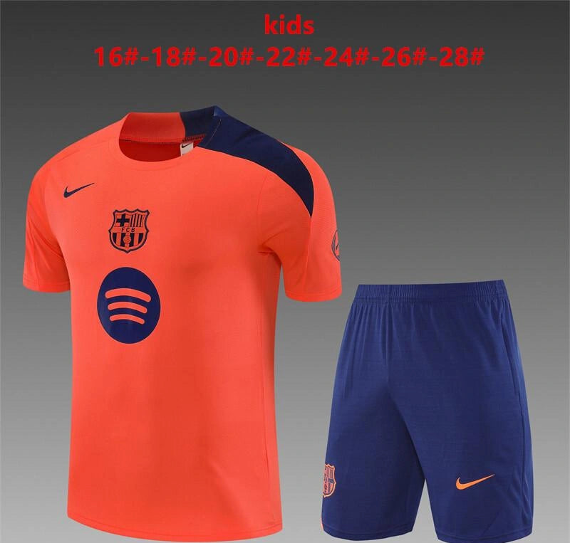 [2026] Barcelona Kids Orange T90 Short Sleeve Jersey+Shorts 2025–26 Season